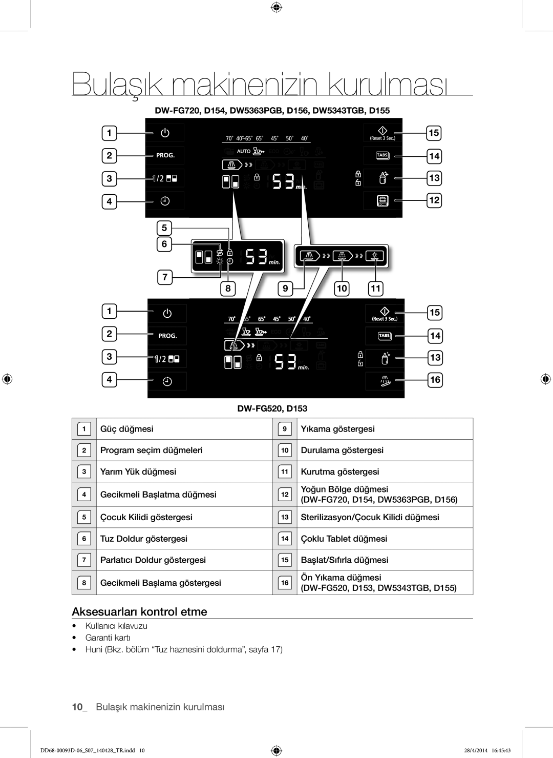 Samsung DW60H700FEW/TR, DW-FG520W/XTR, DW-FG520S/XTR manual Bulaşık makinenizin kurulması, Aksesuarları kontrol etme 