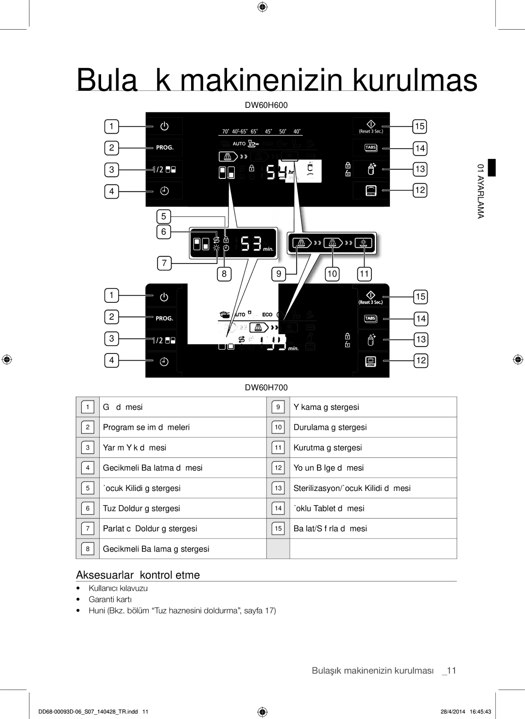 Samsung DW60H700FEA/TR, DW-FG520W/XTR, DW-FG520S/XTR, DW60H700FEW/TR manual Bulaşık makinenizin kurulması, Ayarlama 