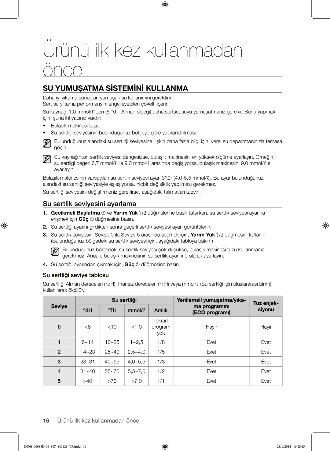 Samsung DW-FG520W/XTR Ürünü ilk kez kullanmadan önce, SU Yumuşatma Sistemini Kullanma, Su sertlik seviyesini ayarlama 