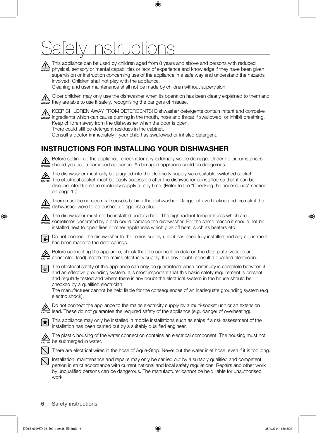 Samsung DW60H700FEW/TR, DW-FG520W/XTR, DW-FG520S/XTR, DW60H700FEA/TR manual Instructions for Installing Your Dishwasher 