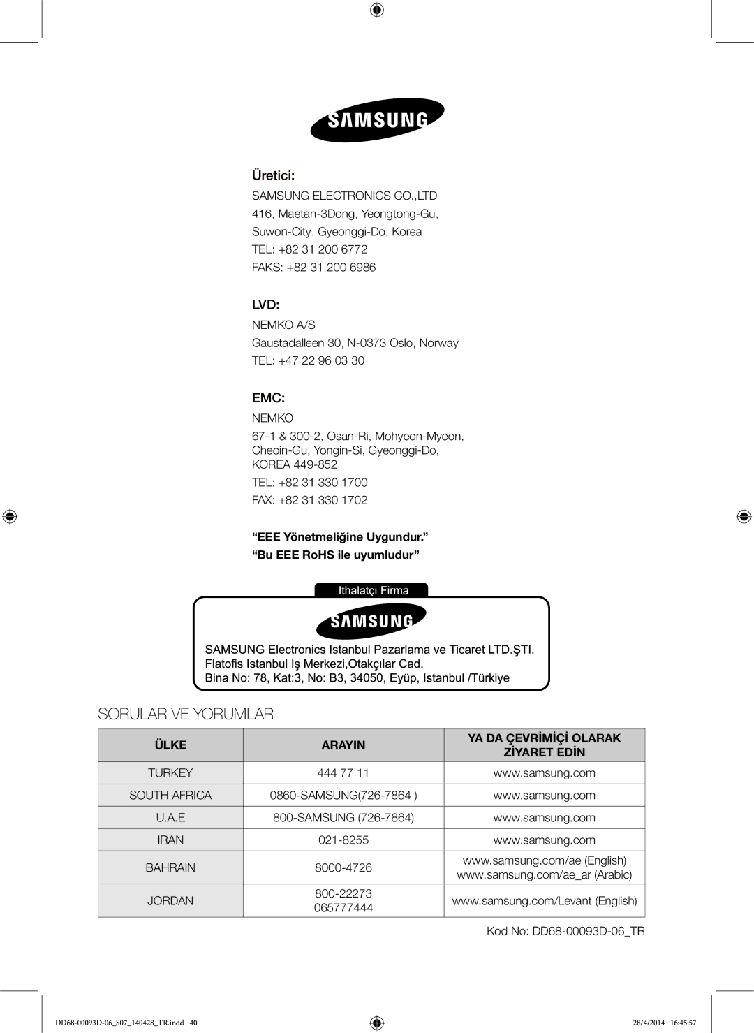 Samsung DW-FG520W/XTR, DW-FG520S/XTR, DW60H700FEW/TR manual Üretici, EEE Yönetmeliğine Uygundur. Bu EEE RoHS ile uyumludur 