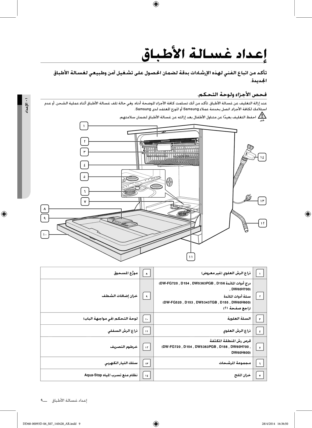 Samsung DW-FG520S/XTR قابطلأا ةلاسغ دادعإ, مكحتلا ةحولو ءازجلأا صحف, دادعلإا, قوحسلما عزوم ضورعم ريغ يولعلا شرلا عارذ 