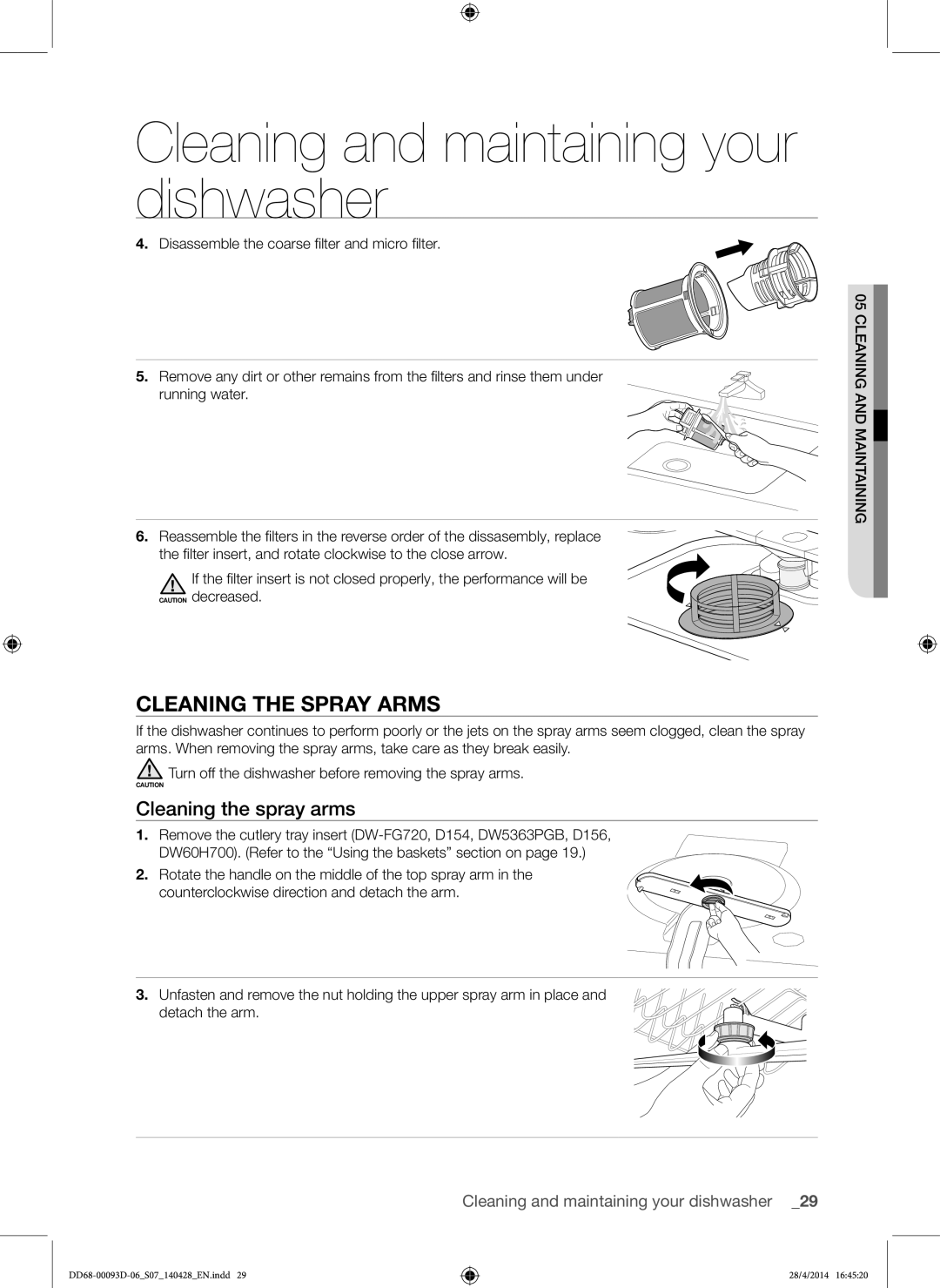 Samsung DW-FG520S/XTR manual Cleaning The Spray Arms, Cleaning the spray arms, Cleaning and maintaining your dishwasher 