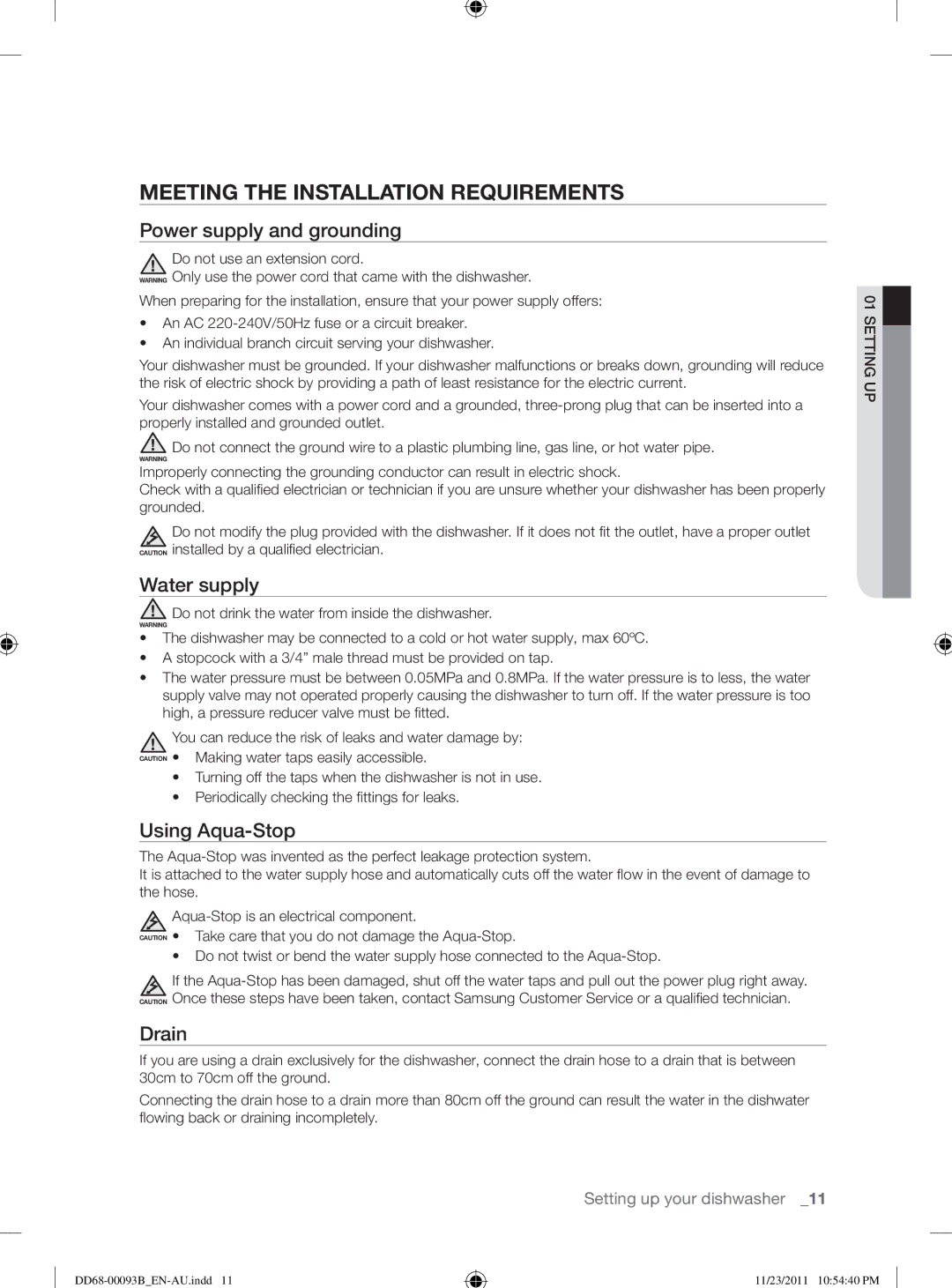 Samsung DW-FG520 Meeting the Installation Requirements, Power supply and grounding, Water supply, Using Aqua-Stop, Drain 