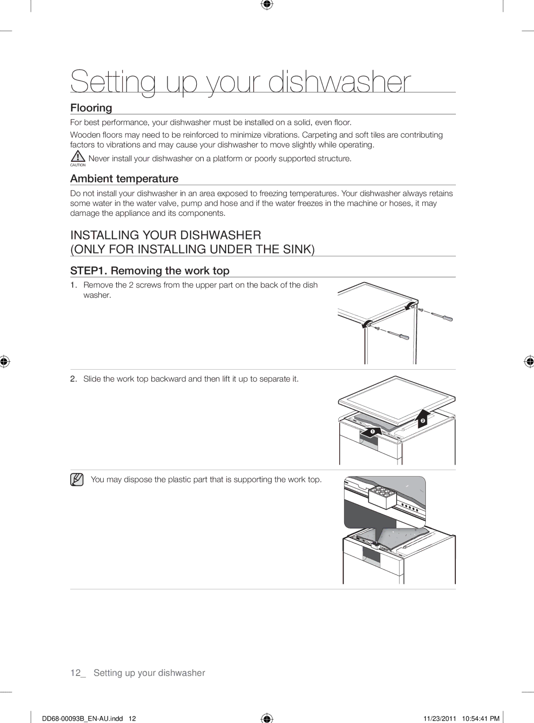 Samsung DW-FG720, DW-FG520 user manual Flooring, Ambient temperature, Removing the work top 