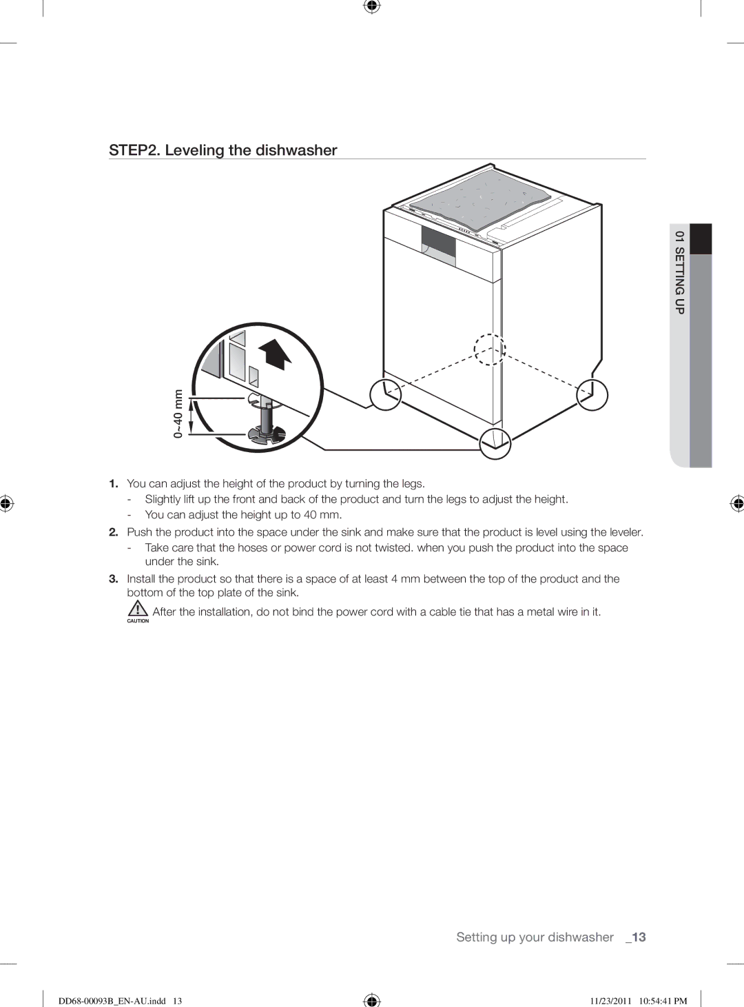 Samsung DW-FG520, DW-FG720 user manual Leveling the dishwasher 