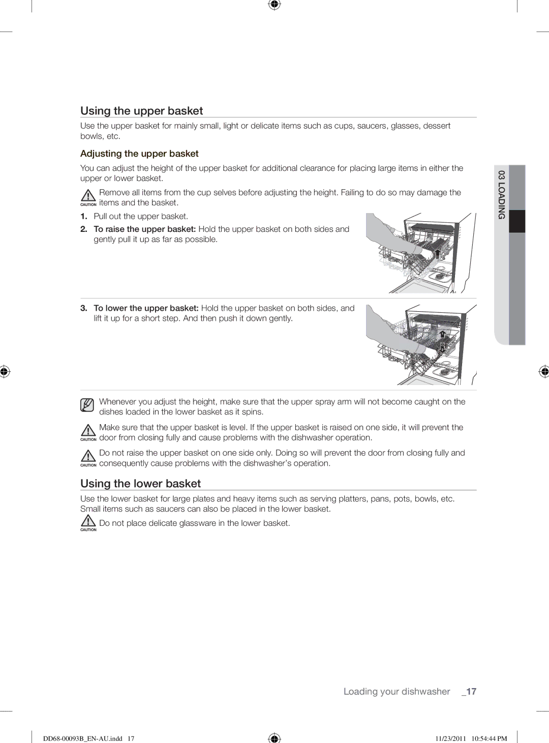 Samsung DW-FG520, DW-FG720 user manual Using the upper basket, Using the lower basket 