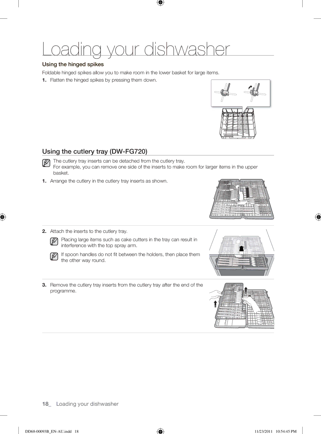 Samsung DW-FG520 user manual Using the cutlery tray DW-FG720, Using the hinged spikes 