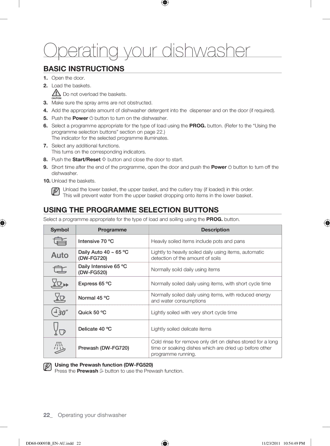 Samsung DW-FG720, DW-FG520 user manual Operating your dishwasher, Basic Instructions, Using the Programme Selection Buttons 