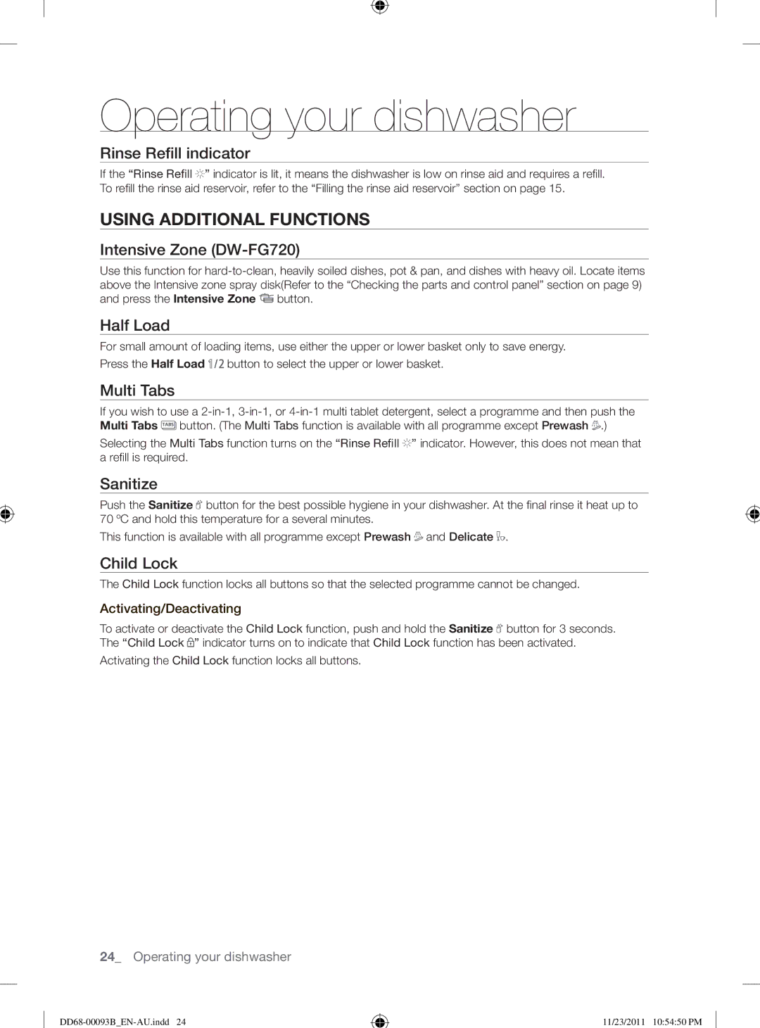 Samsung DW-FG720, DW-FG520 user manual Using Additional Functions 