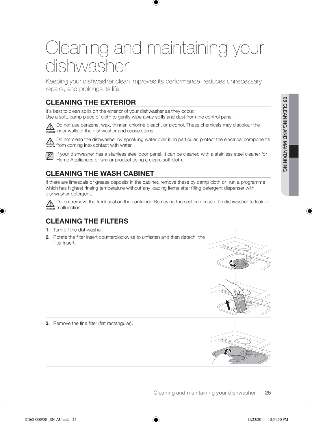 Samsung DW-FG520, DW-FG720 Cleaning and maintaining your dishwasher, Cleaning the Exterior, Cleaning the Wash Cabinet 