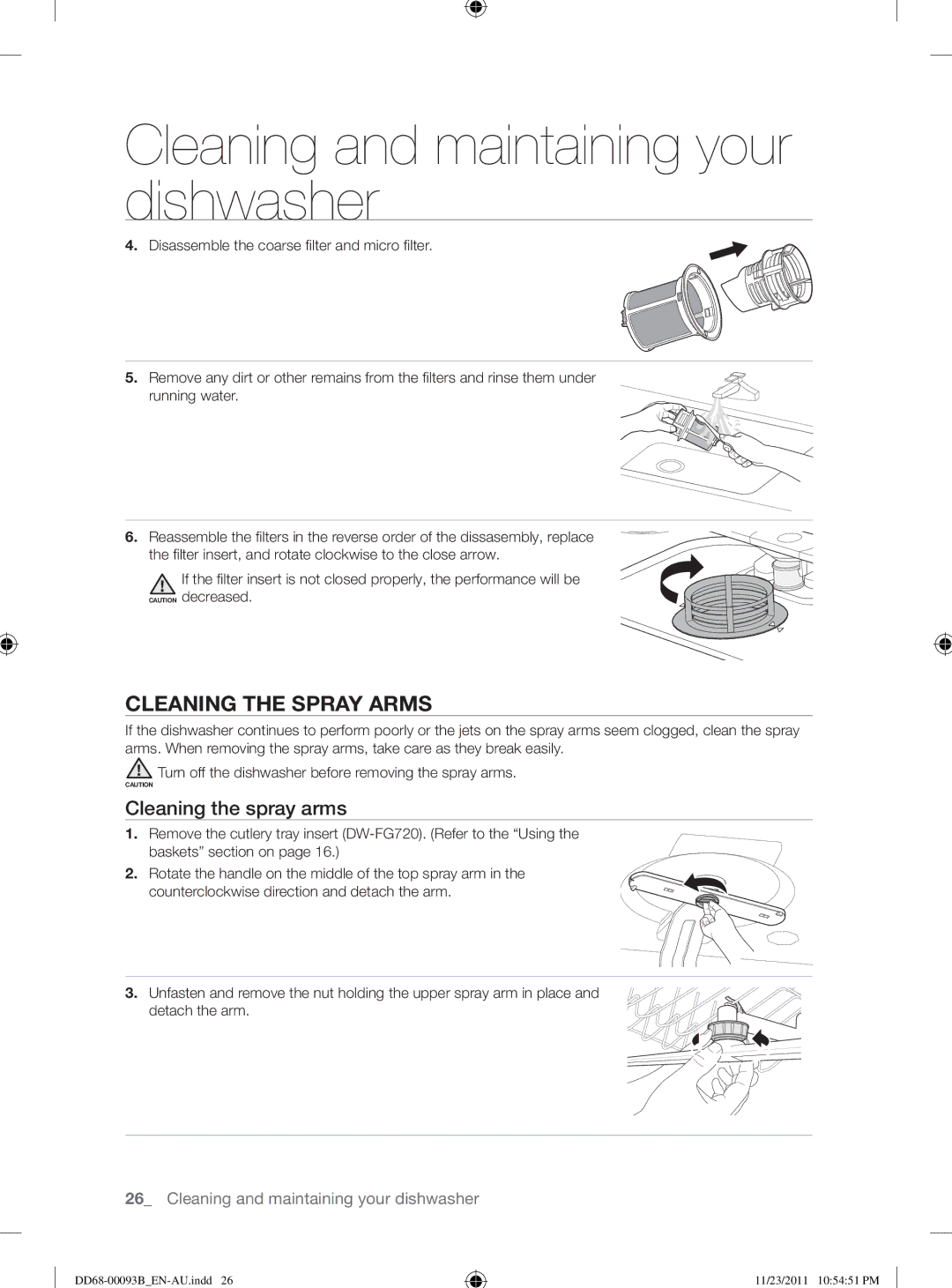 Samsung DW-FG720, DW-FG520 user manual Cleaning the Spray Arms, Cleaning the spray arms 