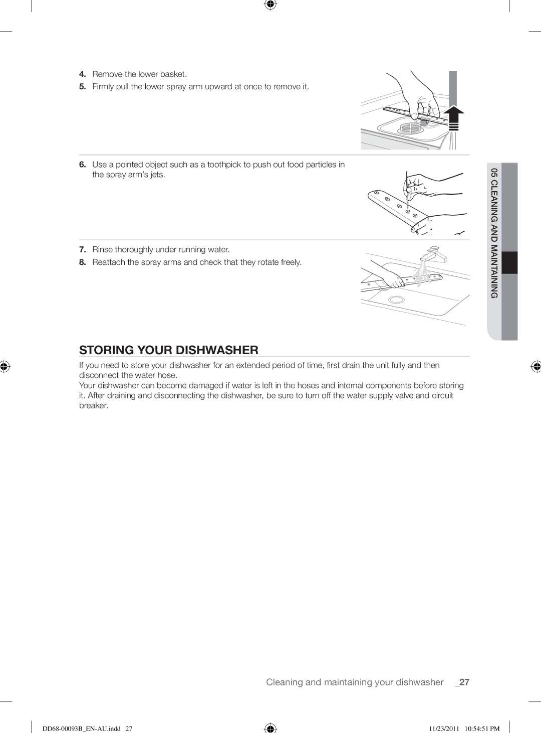 Samsung DW-FG520, DW-FG720 user manual Storing Your Dishwasher 