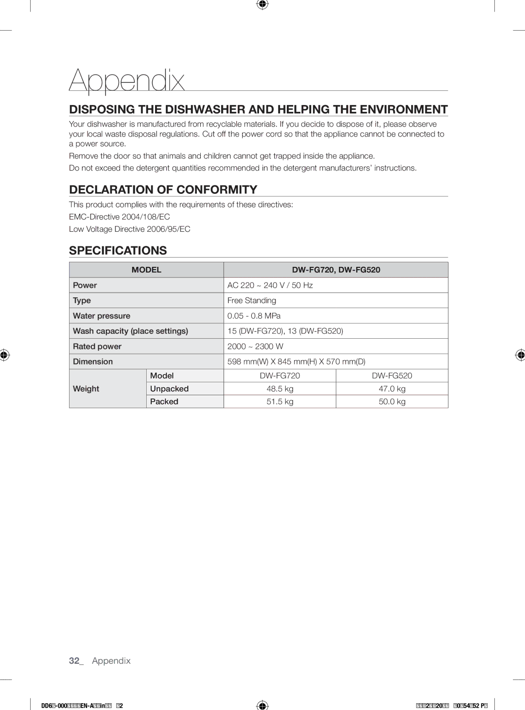 Samsung DW-FG720 Appendix, Disposing the Dishwasher and Helping the Environment, Declaration of Conformity, Specifications 