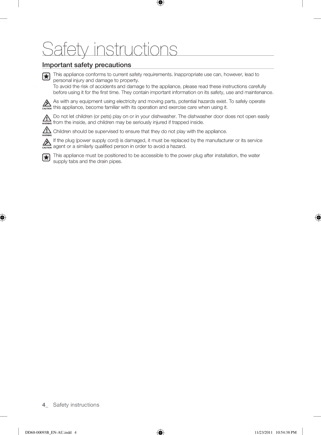 Samsung DW-FG720, DW-FG520 user manual Important safety precautions 