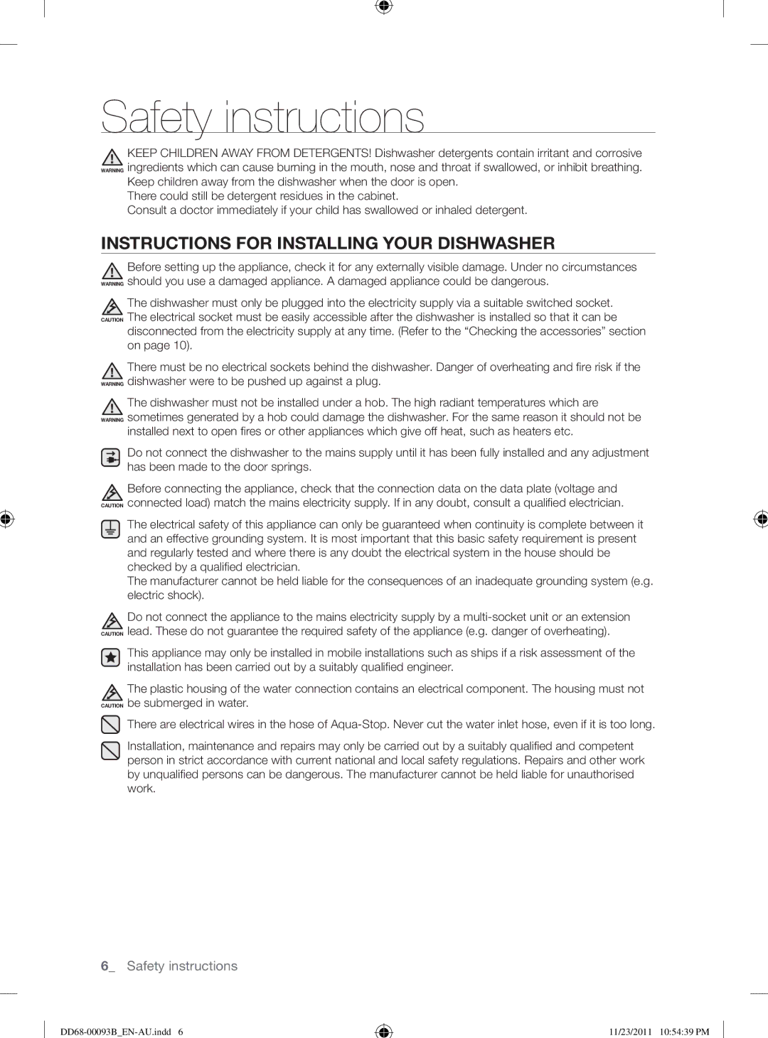 Samsung DW-FG720, DW-FG520 user manual Instructions for Installing Your Dishwasher 