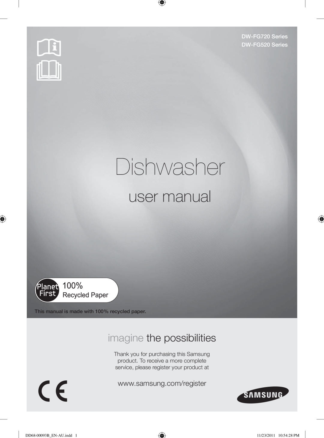 Samsung user manual Dishwasher, imagine the possibilities, DW-FG720Series DW-FG520Series, DD68-00093B EN-AU.indd1 