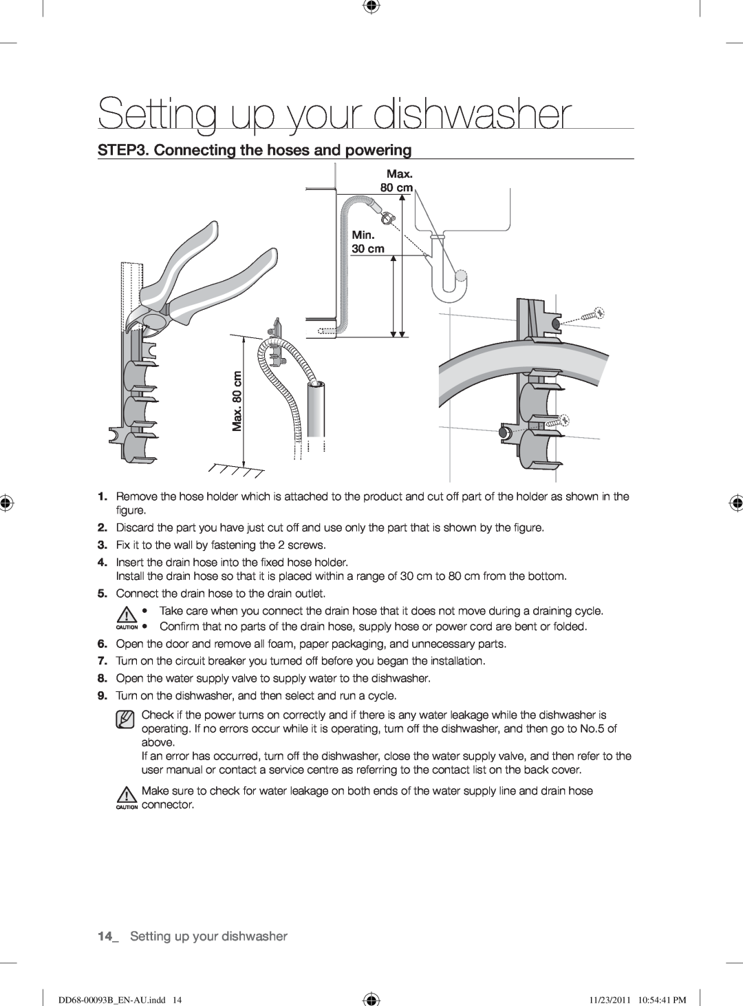 Samsung DW-FG720, DW-FG520 user manual Connecting the hoses and powering, Setting up your dishwasher 
