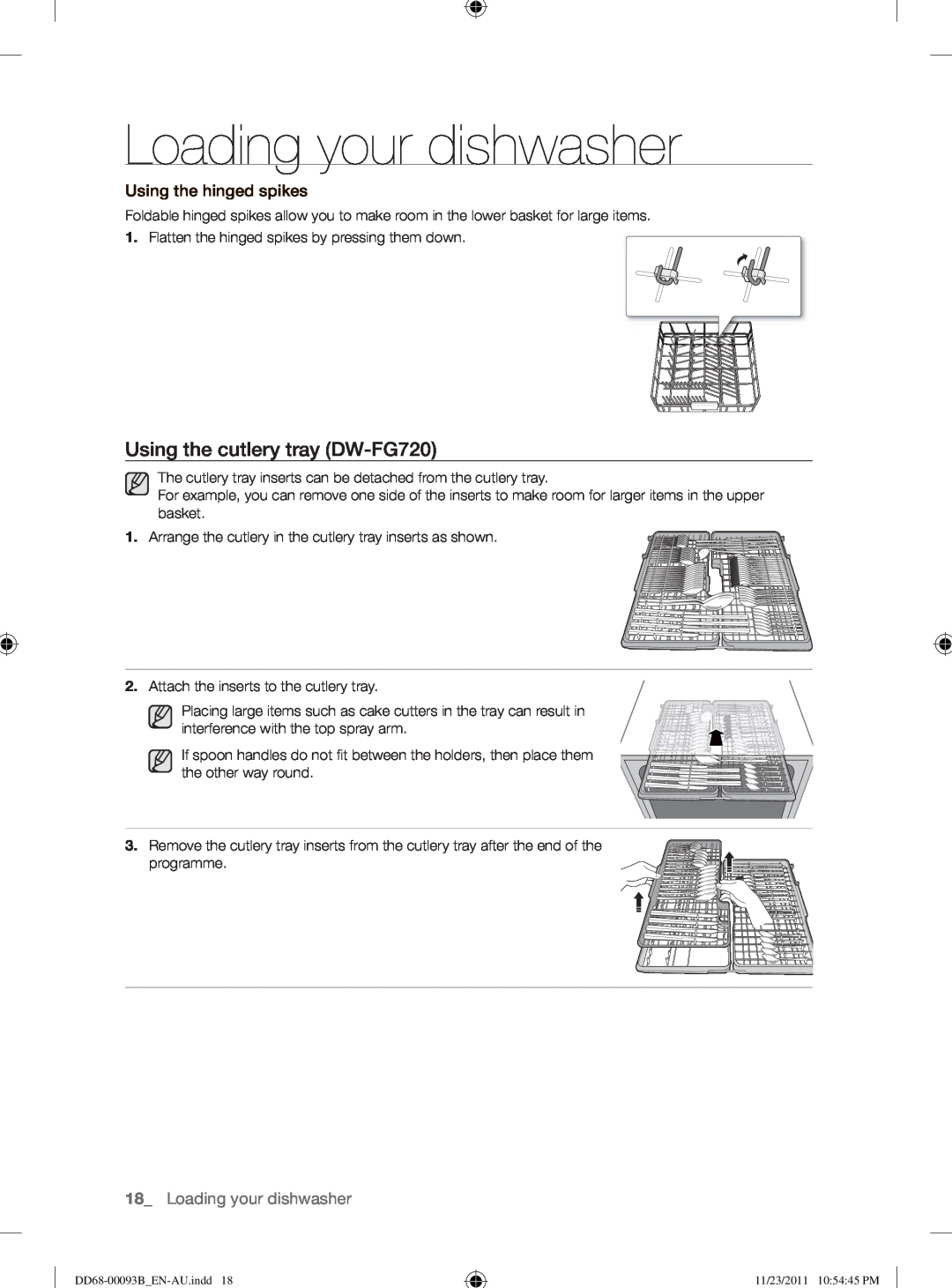 Samsung DW-FG520 user manual Using the cutlery tray DW-FG720, Using the hinged spikes, Loading your dishwasher 