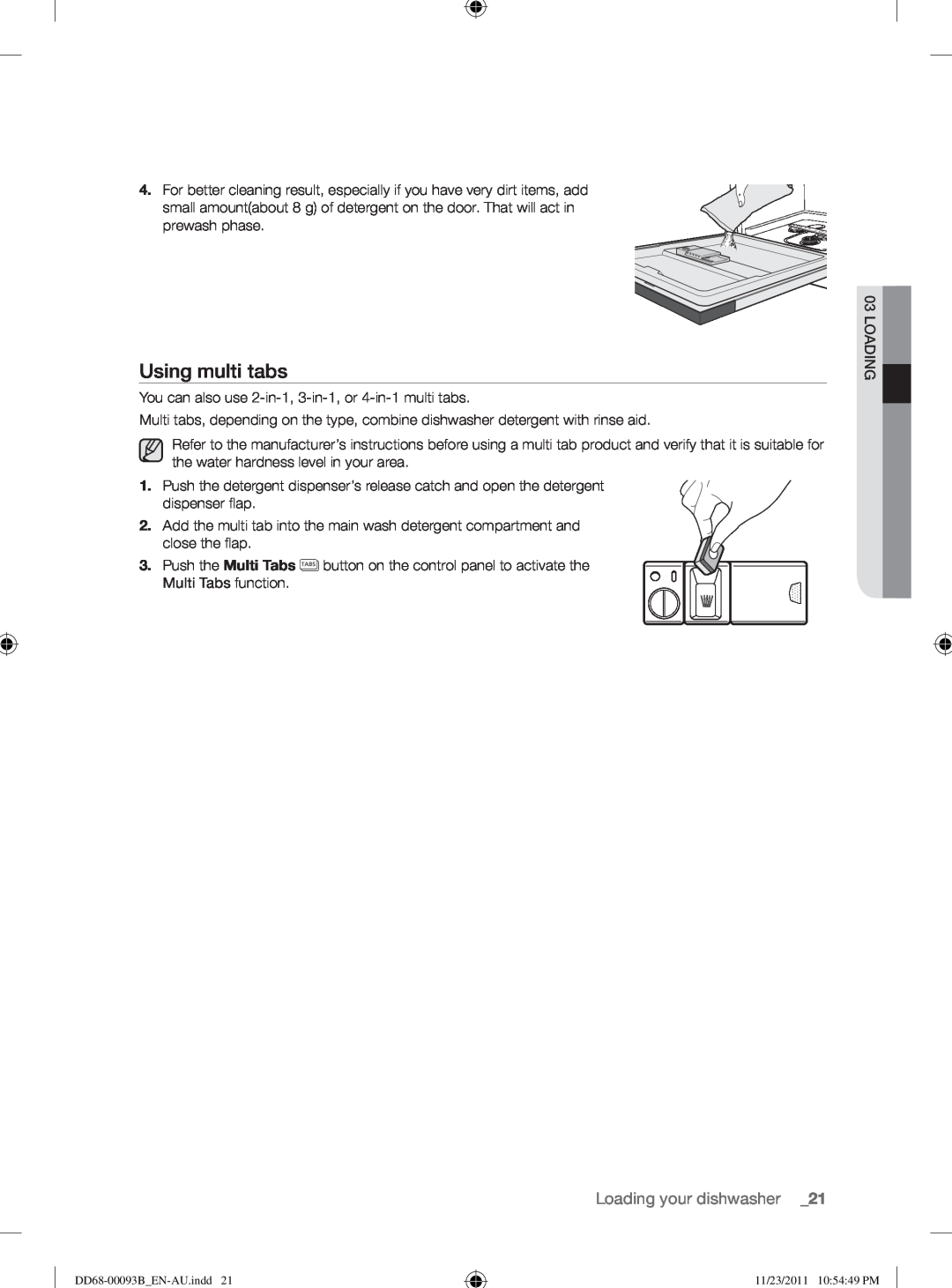 Samsung DW-FG520, DW-FG720 user manual Using multi tabs, Loading your dishwasher 