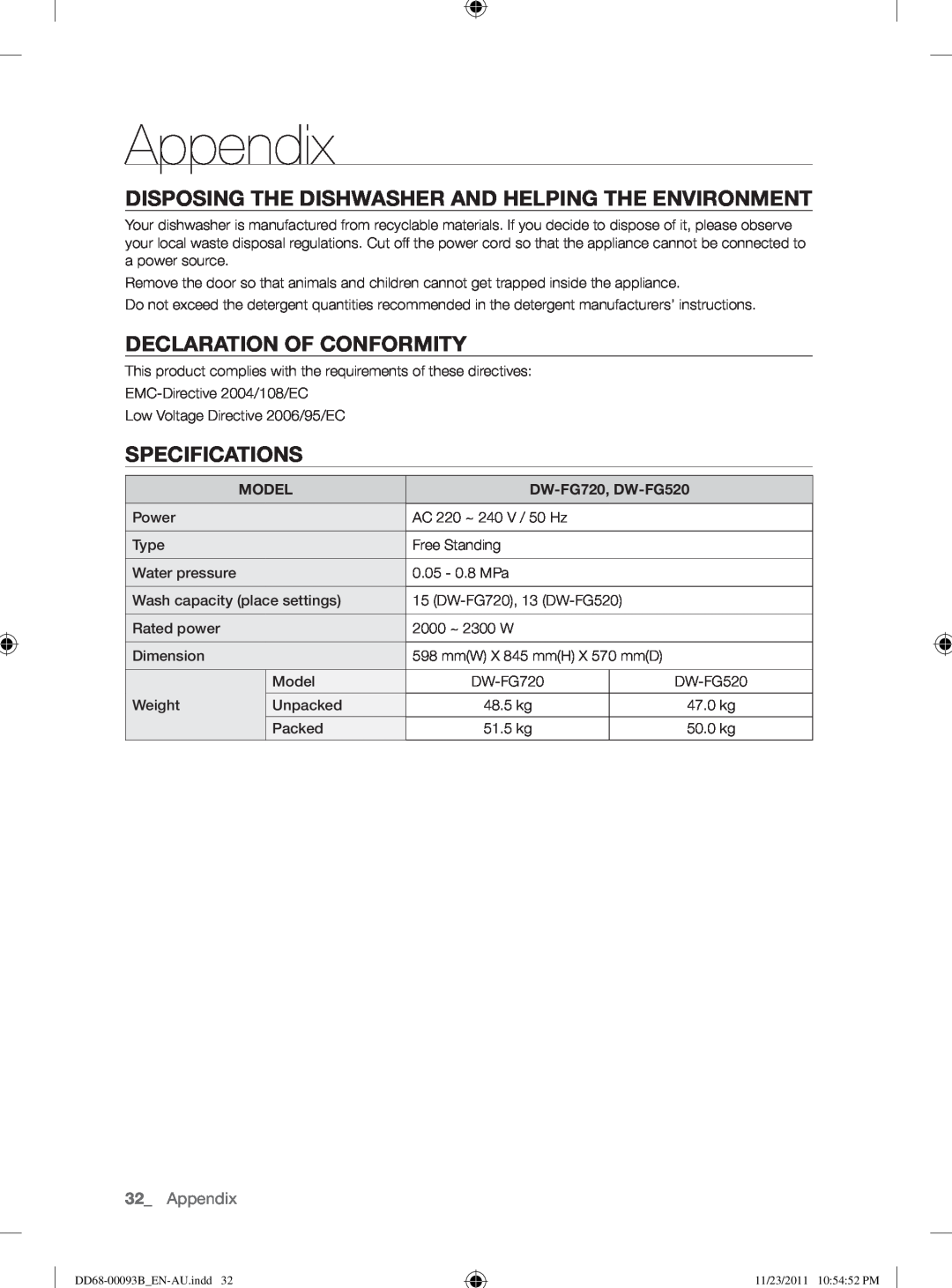 Samsung user manual Appendix, Declaration Of Conformity, Specifications, Model, DW-FG720, DW-FG520 