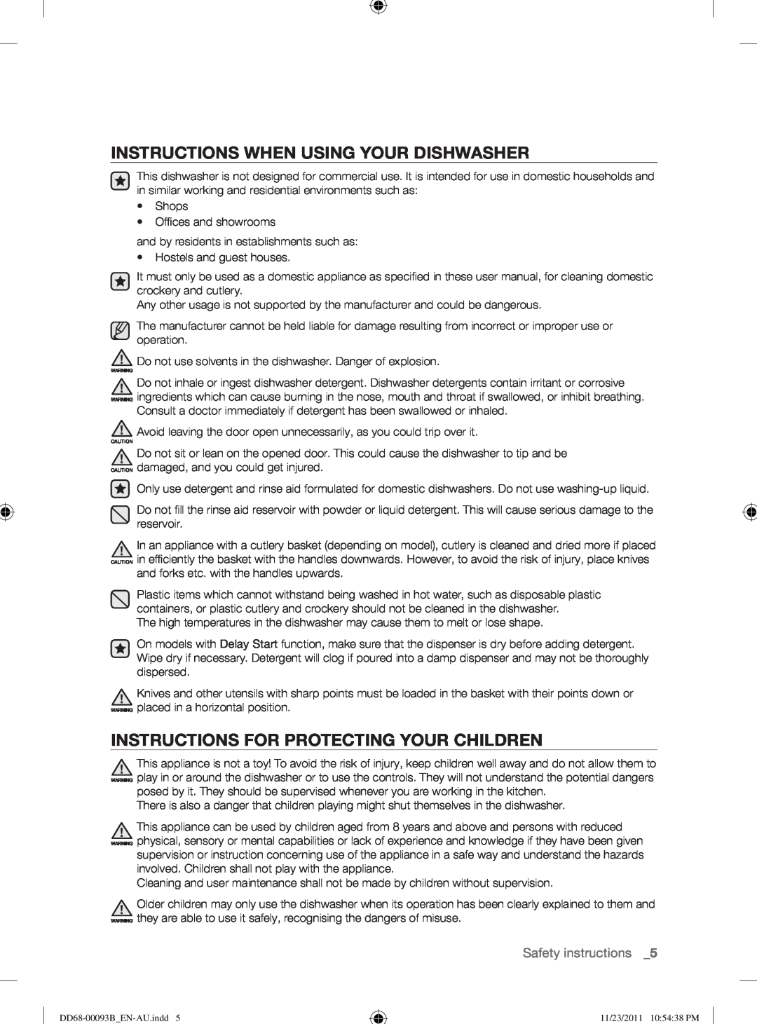 Samsung DW-FG520 Instructions When Using Your Dishwasher, Instructions For Protecting Your Children, Safety instructions 