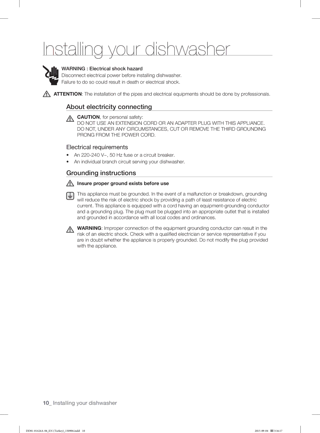 Samsung DW-FN310W/XTR, DW-FN310T/XTR manual Installing your dishwasher, About electricity connecting, Grounding instructions 