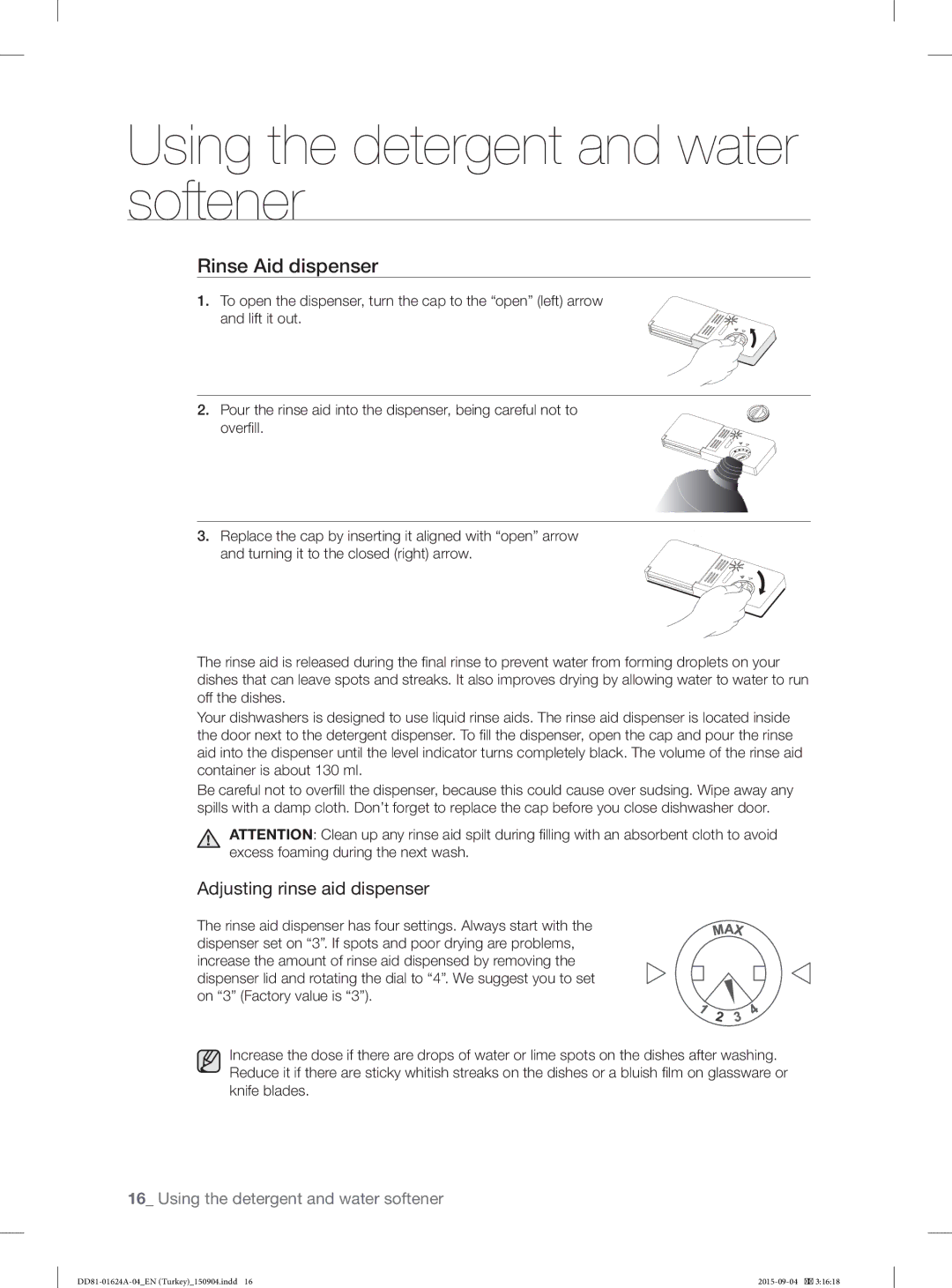 Samsung DW-FN310W/XTR, DW-FN310T/XTR manual Rinse Aid dispenser, Adjusting rinse aid dispenser 