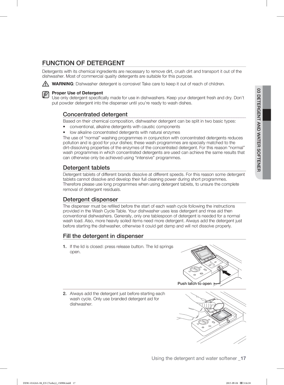 Samsung DW-FN310T/XTR, DW-FN310W/XTR Function of Detergent, Concentrated detergent, Detergent tablets, Detergent dispenser 