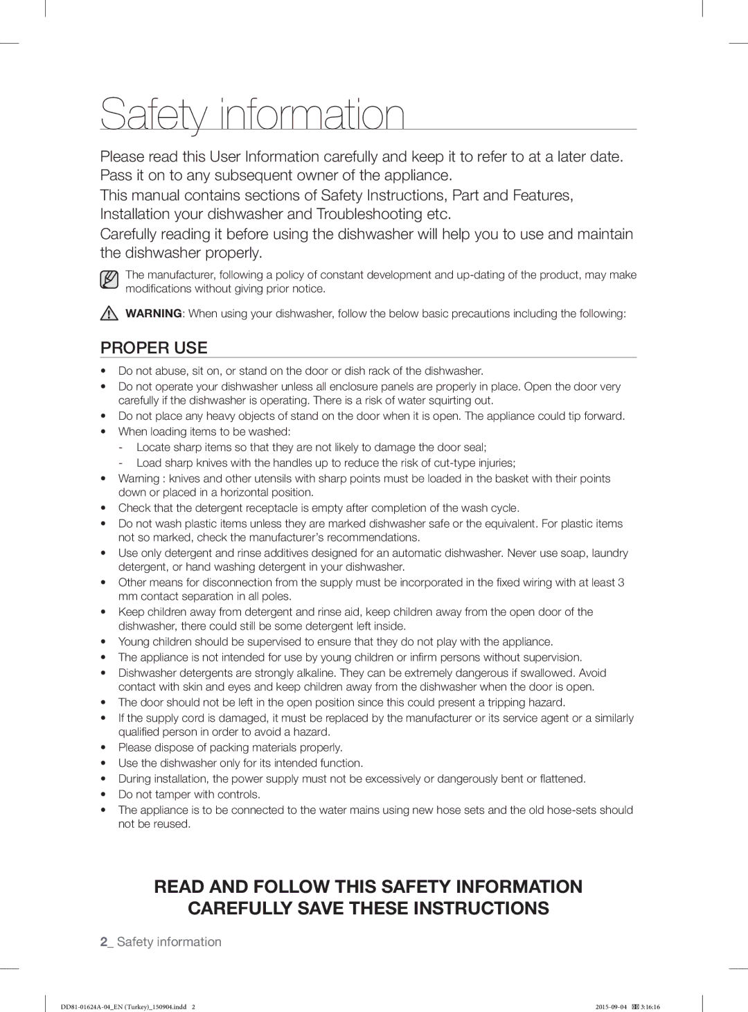 Samsung DW-FN310W/XTR, DW-FN310T/XTR manual Safety information, Proper USE 