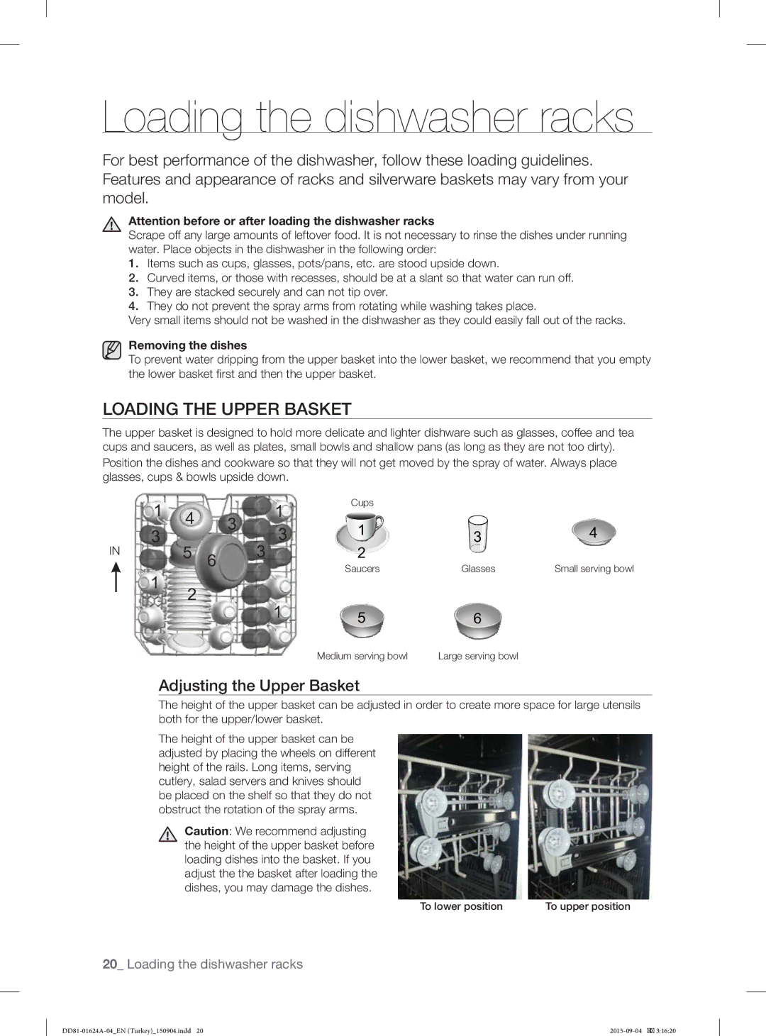 Samsung DW-FN310W/XTR, DW-FN310T/XTR Loading the dishwasher racks, Loading the Upper Basket, Adjusting the Upper Basket 