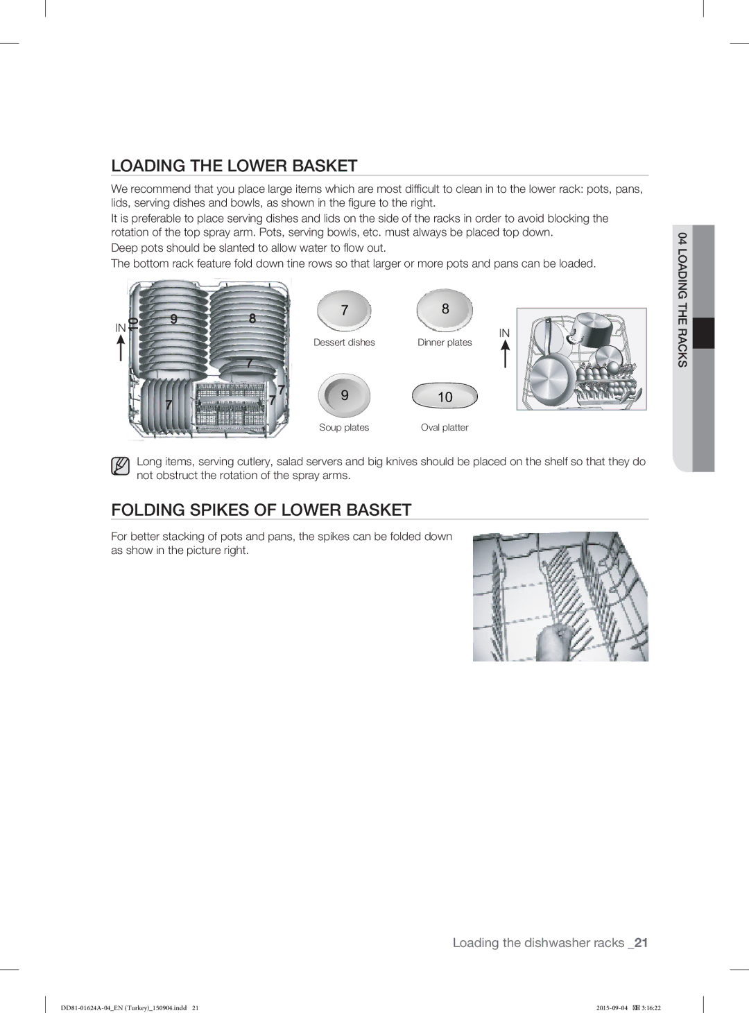 Samsung DW-FN310T/XTR, DW-FN310W/XTR manual Loading the Lower Basket, Folding Spikes of Lower Basket 