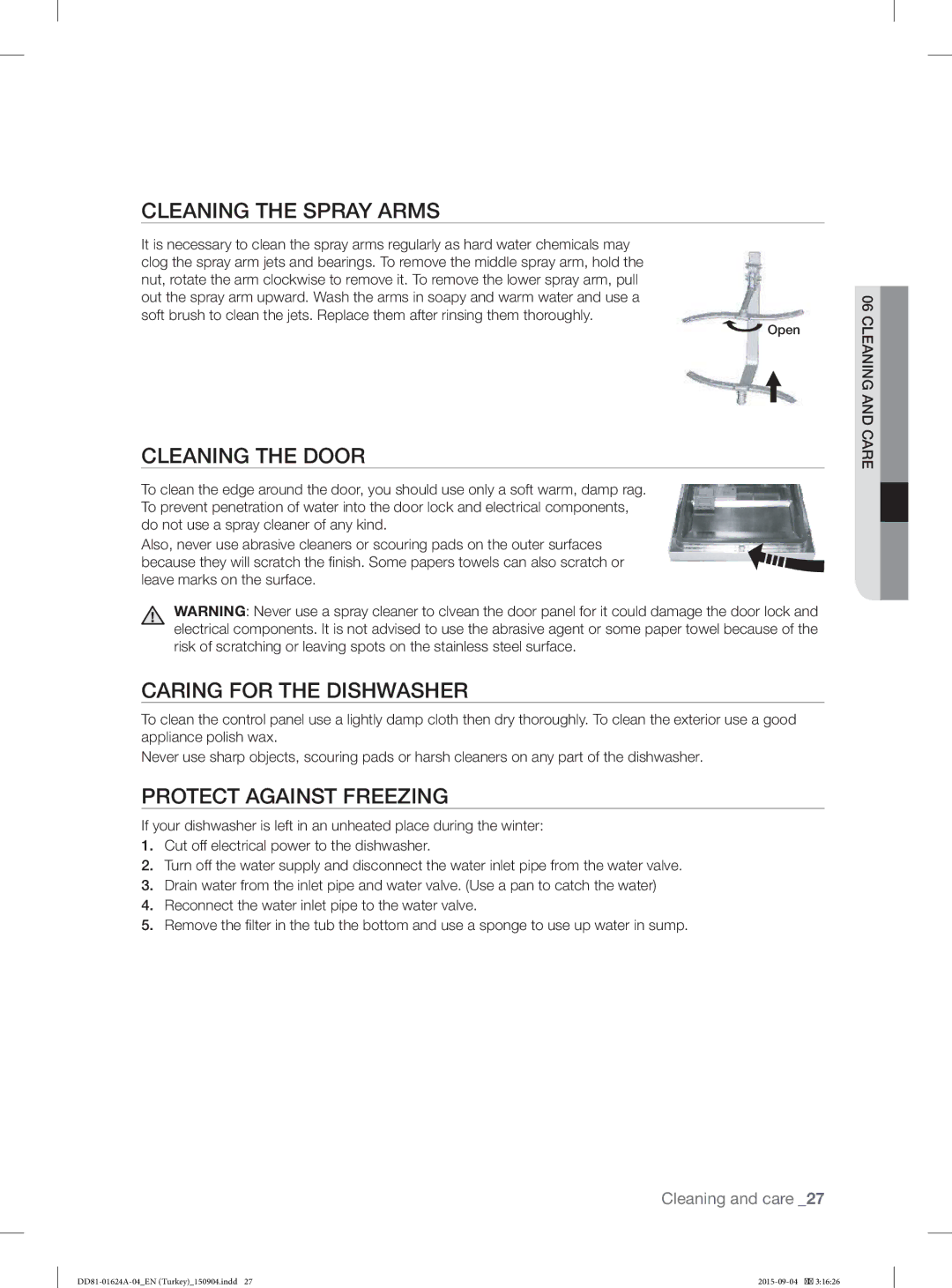 Samsung DW-FN310T/XTR Cleaning the Spray Arms, Cleaning the Door, Caring for the Dishwasher, Protect Against Freezing 