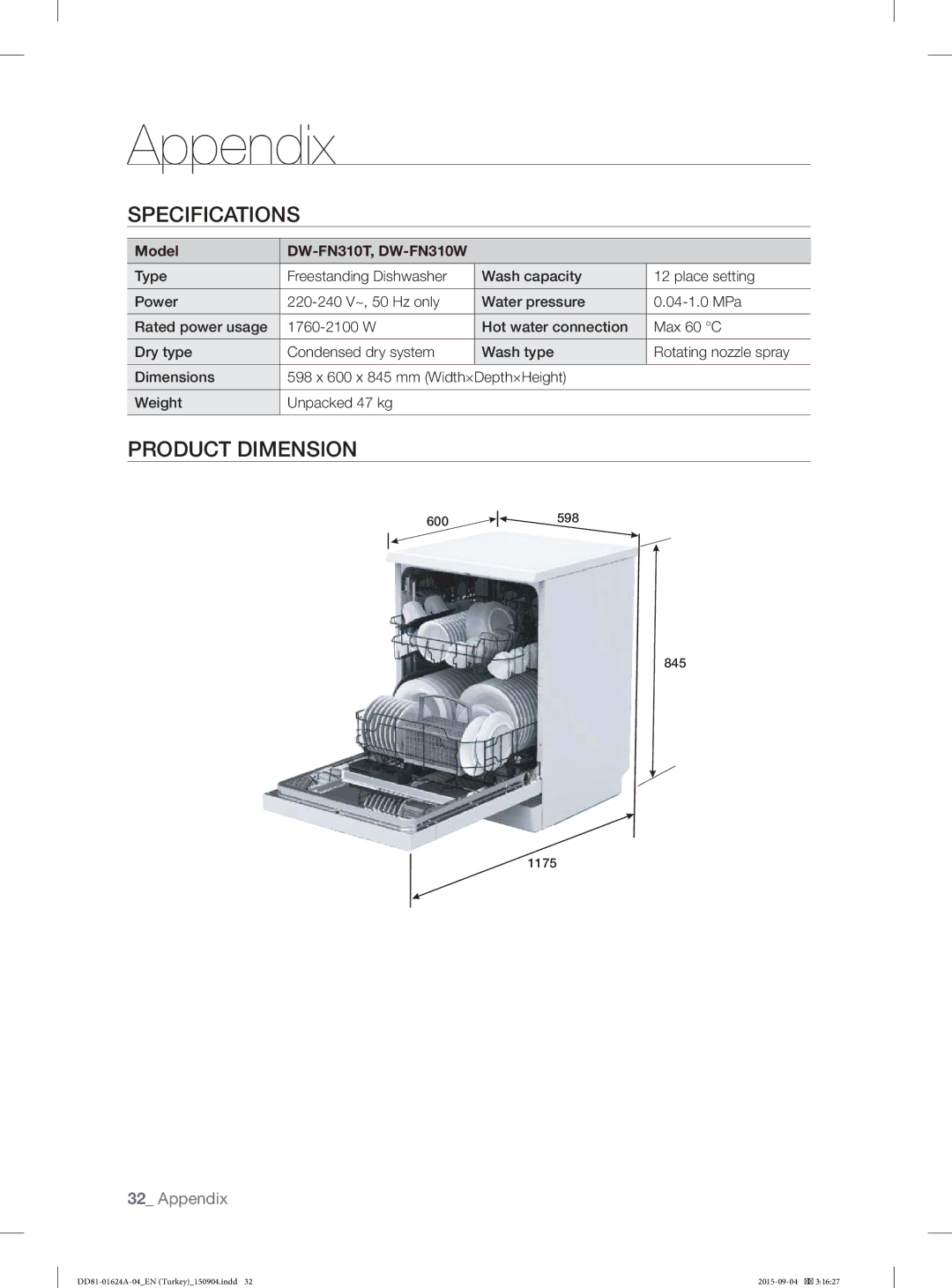 Samsung DW-FN310W/XTR, DW-FN310T/XTR manual Appendix, Specifications, Product Dimension, Model DW-FN310T, DW-FN310W 