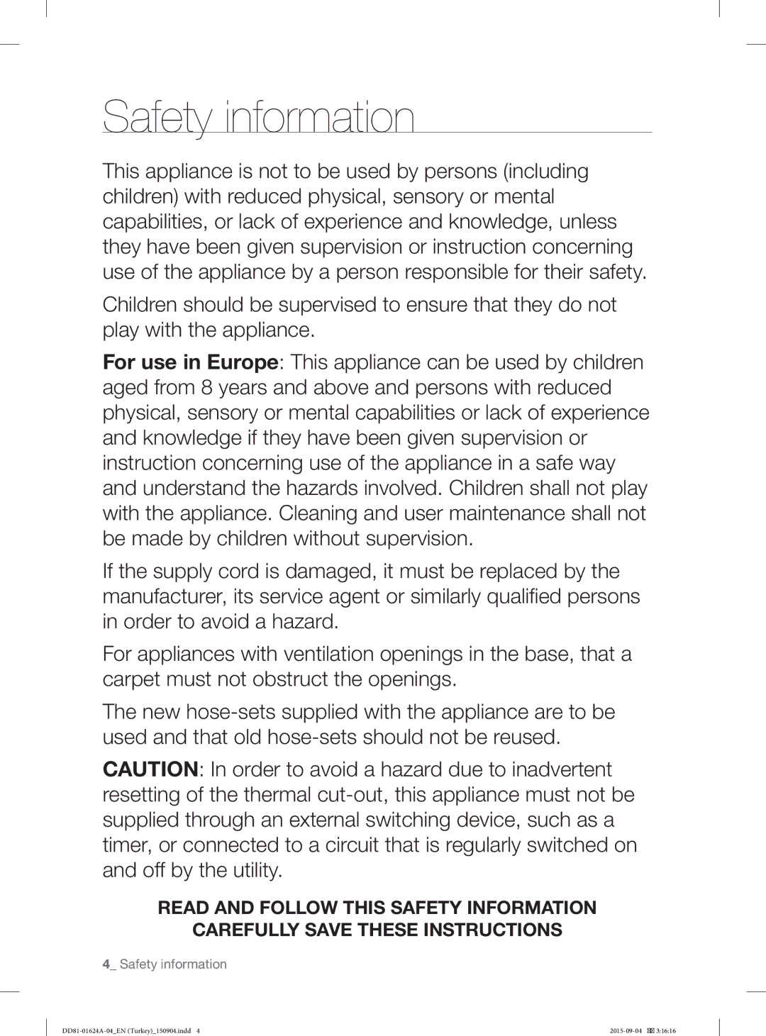 Samsung DW-FN310W/XTR, DW-FN310T/XTR manual Safety information 