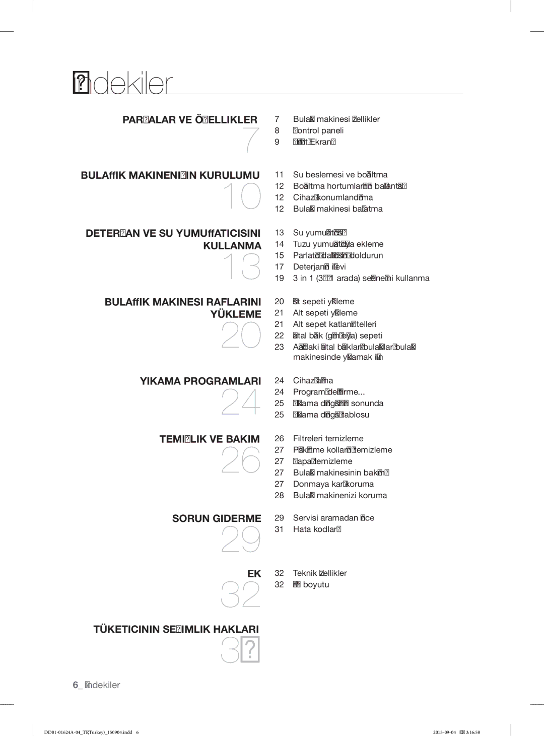 Samsung DW-FN310W/XTR, DW-FN310T/XTR manual İçindekiler 