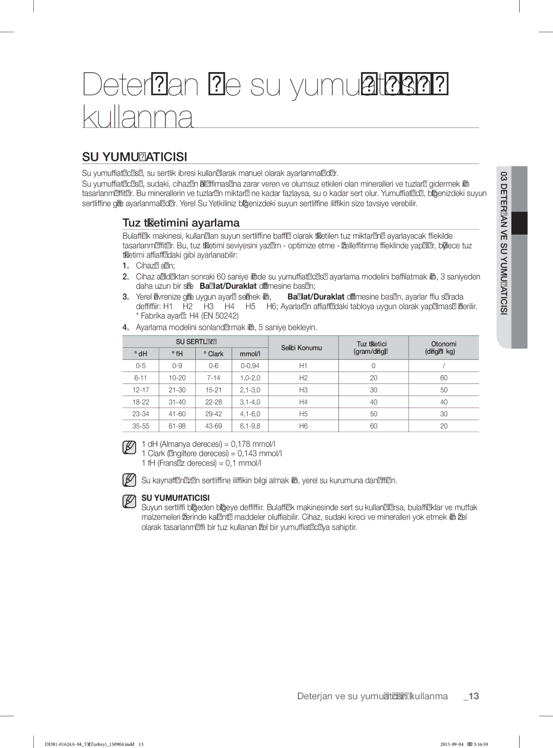 Samsung DW-FN310T/XTR, DW-FN310W/XTR manual Deterjan ve su yumuşatıcısını kullanma, SU Yumuşaticisi, Tuz tüketimini ayarlama 