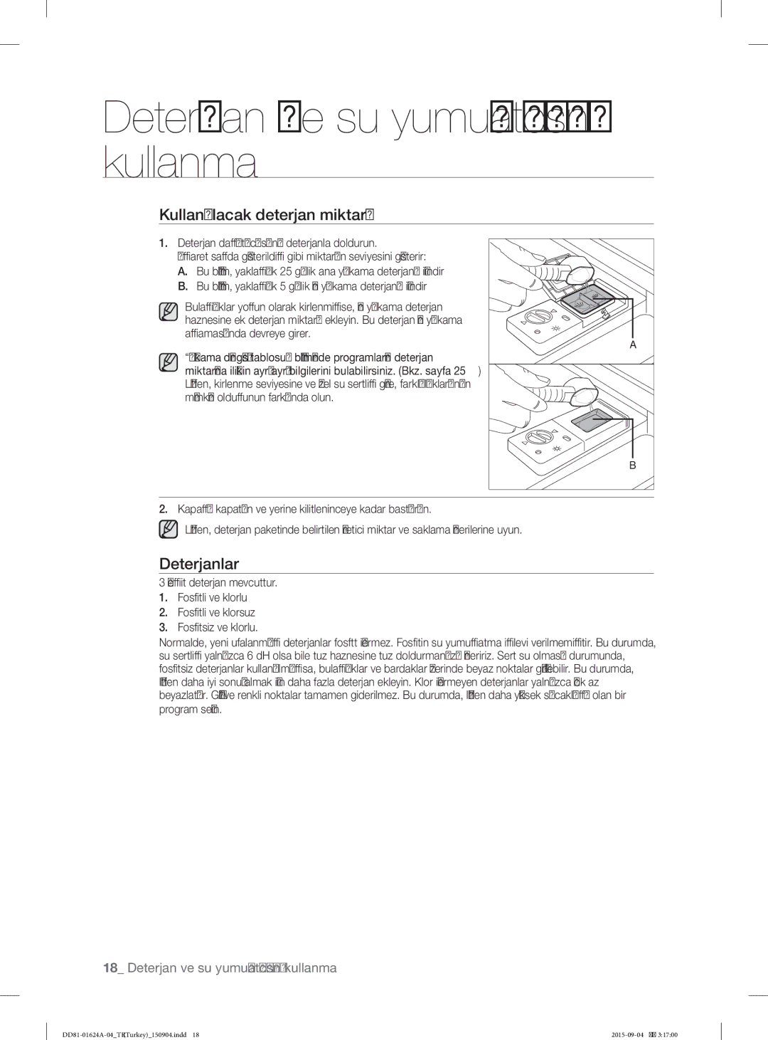 Samsung DW-FN310W/XTR, DW-FN310T/XTR manual Kullanılacak deterjan miktarı, Deterjanlar 