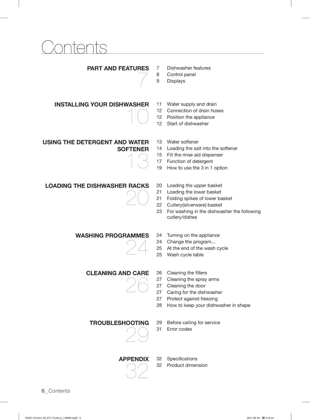 Samsung DW-FN310W/XTR, DW-FN310T/XTR manual Contents 