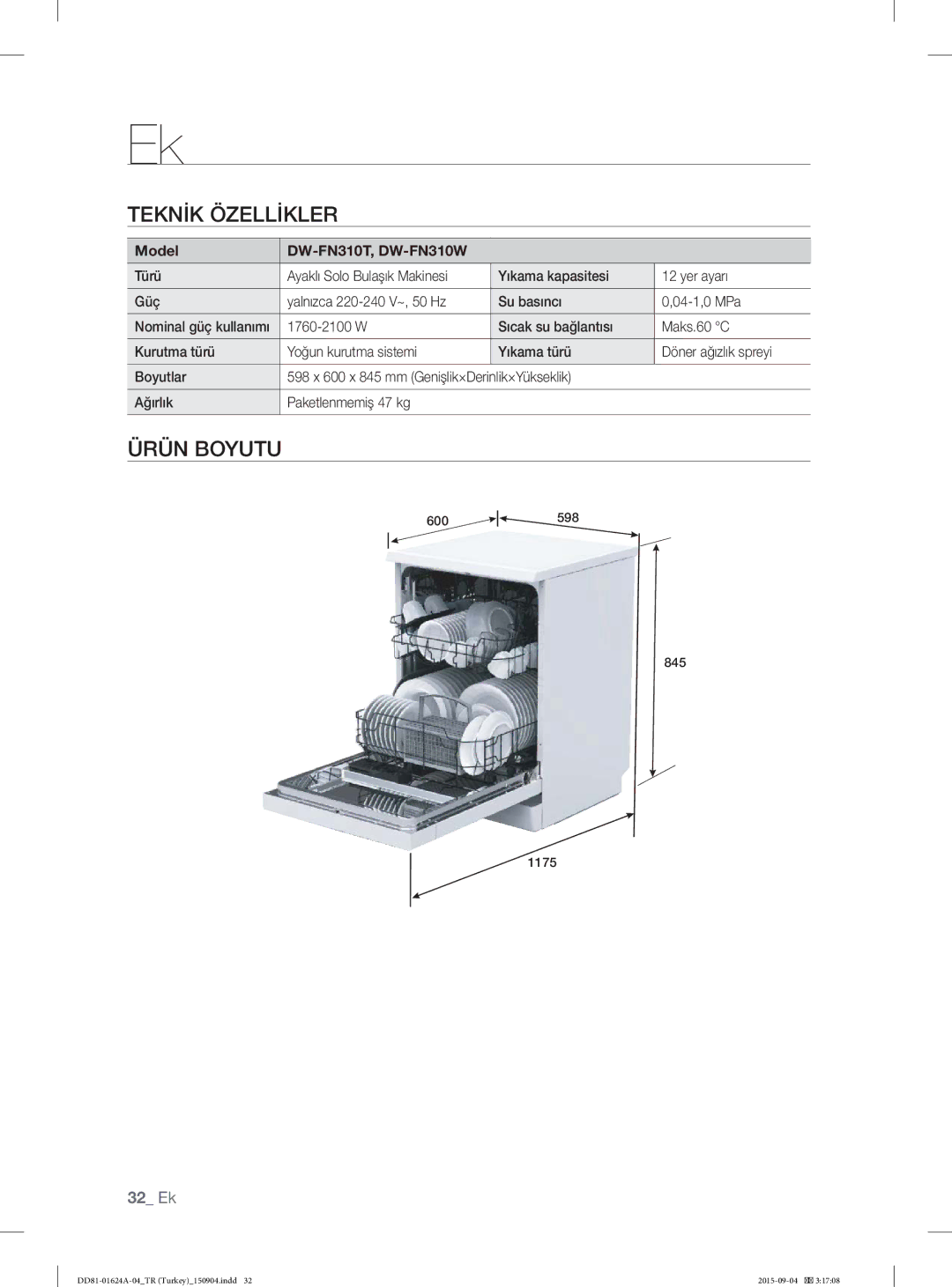 Samsung DW-FN310W/XTR, DW-FN310T/XTR manual Teknİk Özellİkler, Ürün Boyutu 