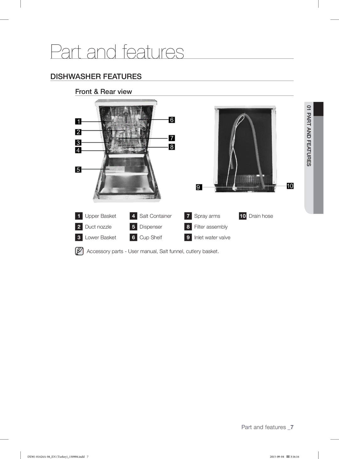 Samsung DW-FN310T/XTR Part and features, Dishwasher Features, Front & Rear view, Upper Basket Salt Container Spray arms 