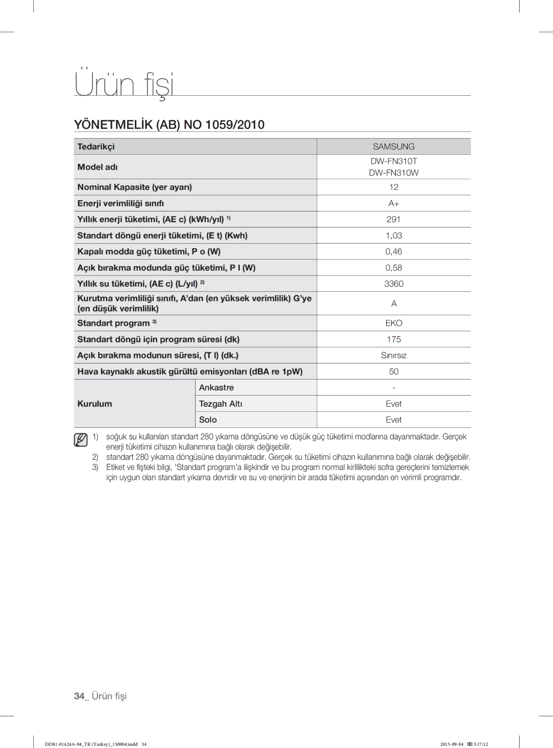 Samsung DW-FN310W/XTR, DW-FN310T/XTR manual Ürün fişi 