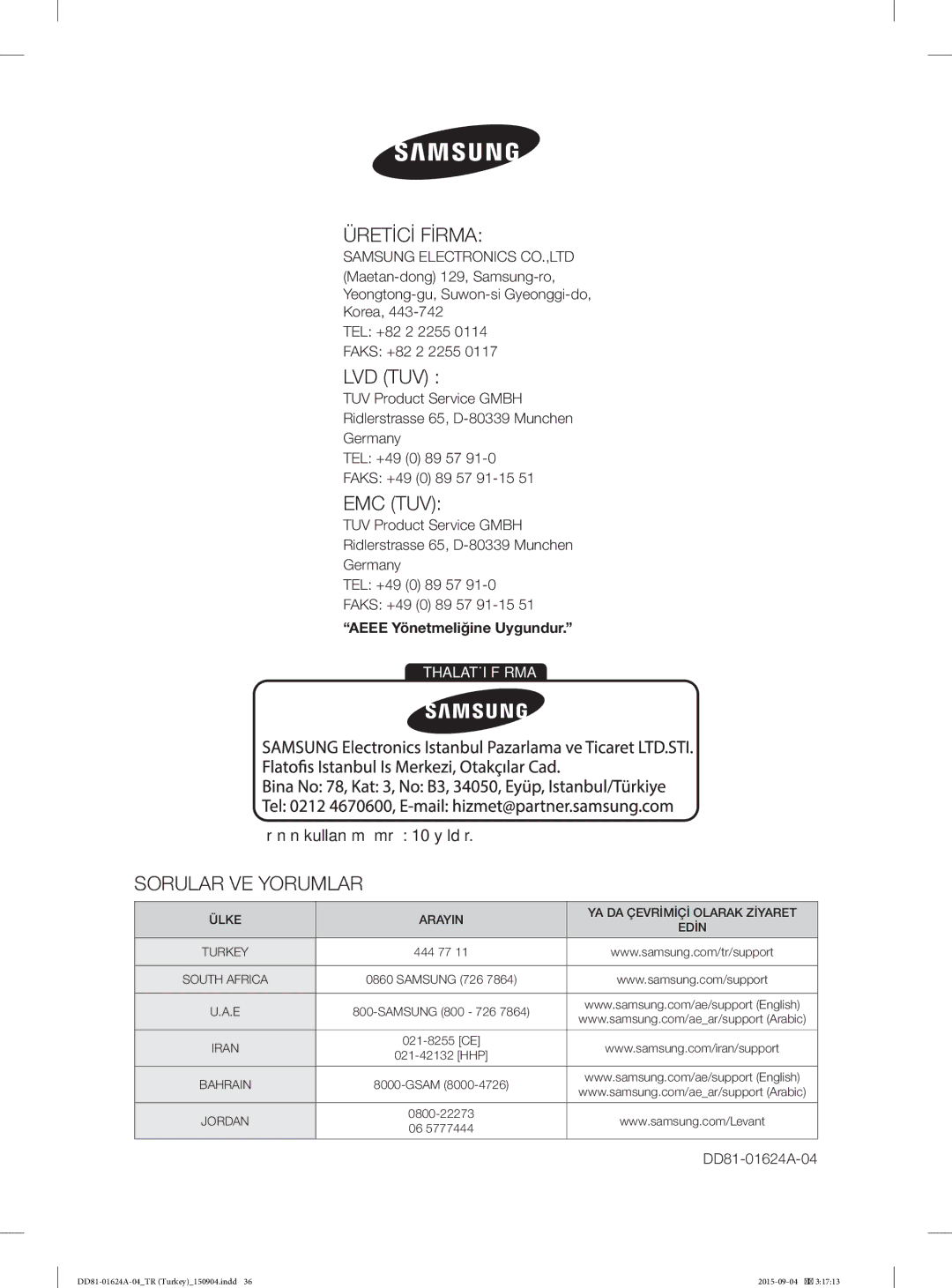 Samsung DW-FN310W/XTR, DW-FN310T/XTR manual Üretİcİ Fİrma, Aeee Yönetmeliğine Uygundur 