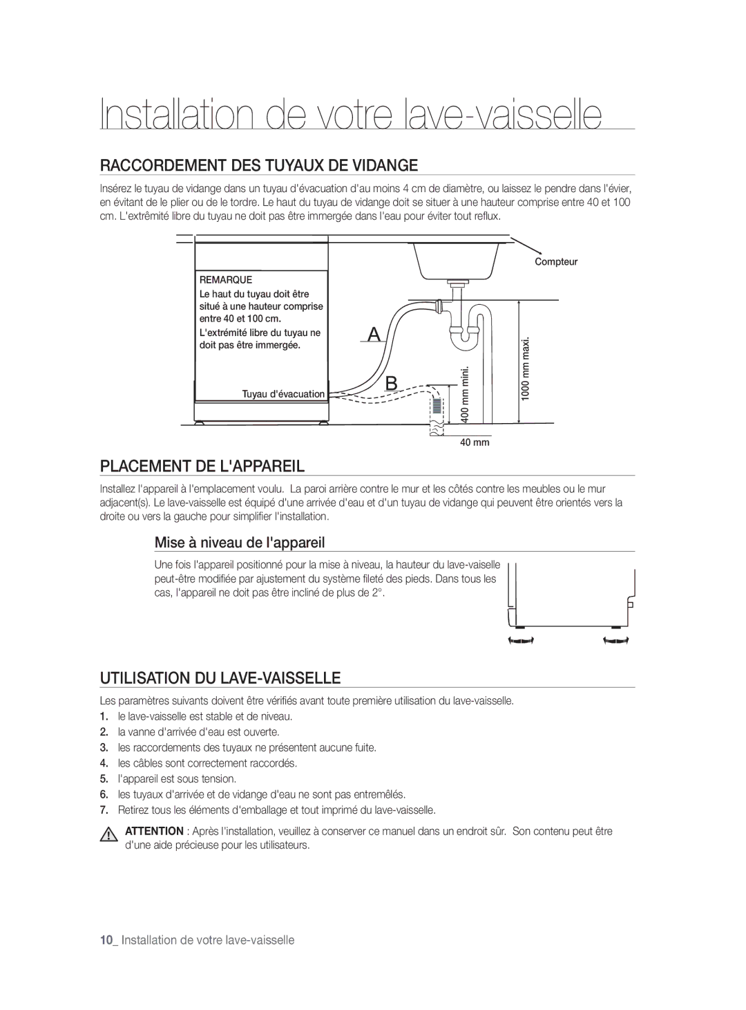 Samsung DW-FN320T/EUR manual Raccordement DES Tuyaux DE Vidange, Placement DE Lappareil, Utilisation DU LAVE-VAISSELLE 