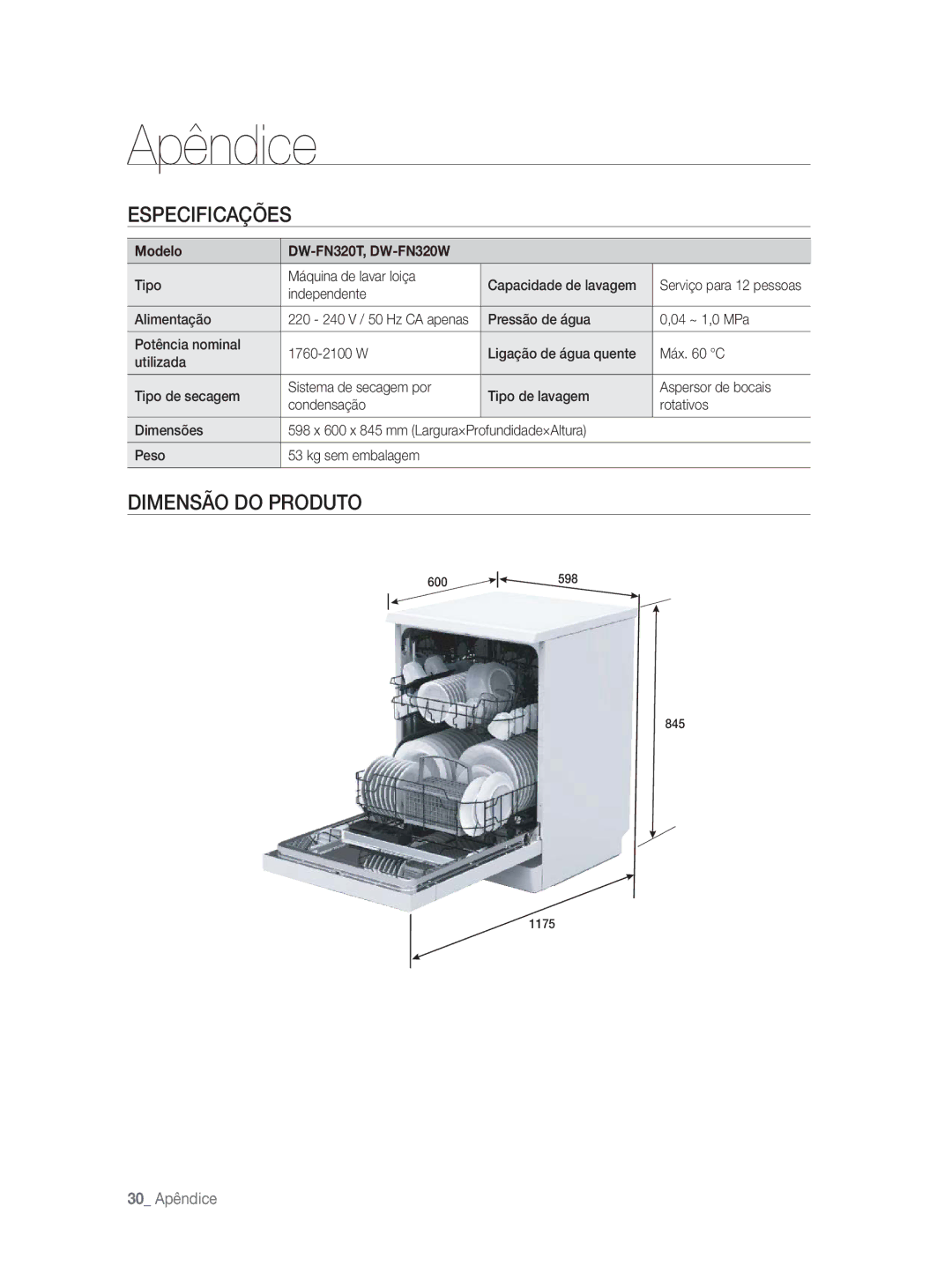 Samsung DW-FN320T/EUR, DW-FN320W/EUR manual Apêndice, Especificações, Dimensão do Produto 