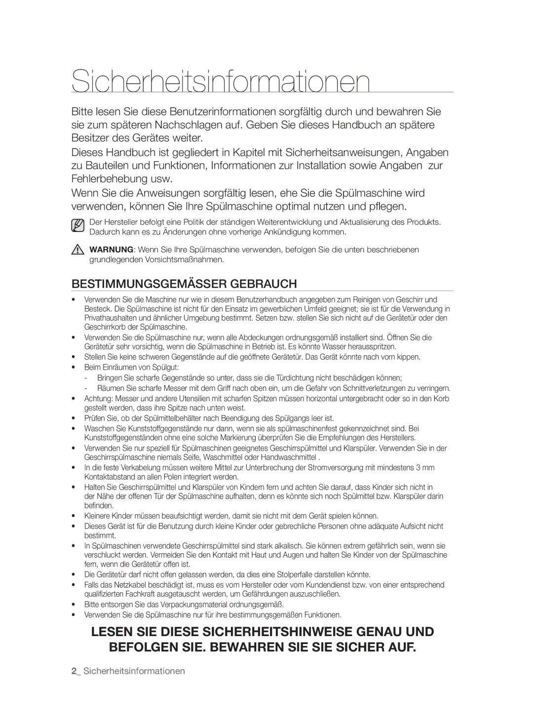 Samsung DW-FN320T/EUR, DW-FN320W/EUR manual Sicherheitsinformationen, Bestimmungsgemässer Gebrauch 