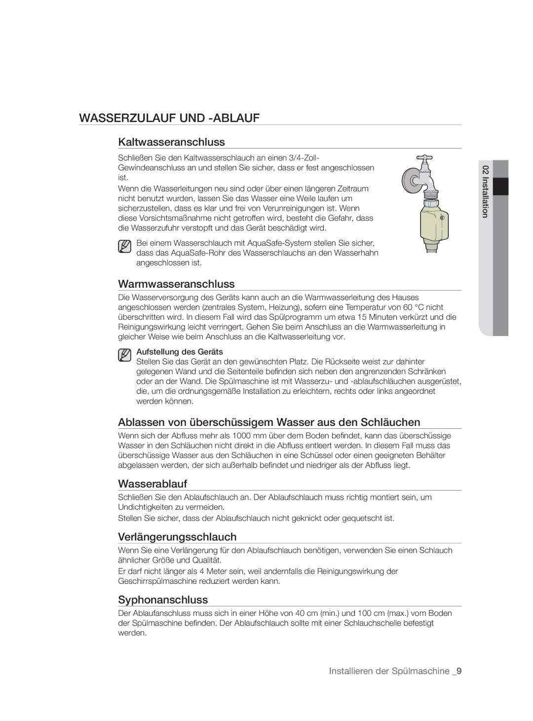 Samsung DW-FN320W/EUR, DW-FN320T/EUR manual Wasserzulauf UND -ABLAUF 