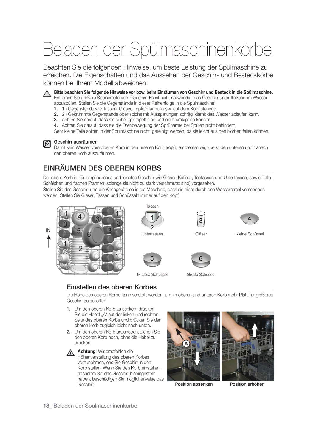 Samsung DW-FN320T/EUR, DW-FN320W/EUR manual Einräumen DES Oberen Korbs, Einstellen des oberen Korbes, Geschirr ausräumen 