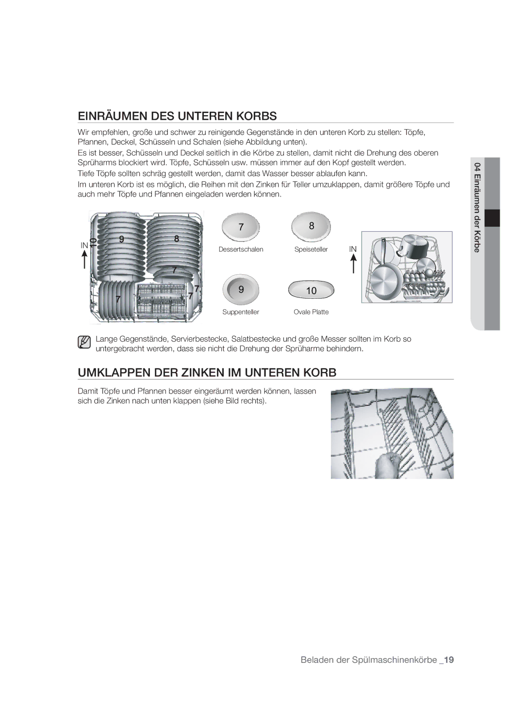 Samsung DW-FN320W/EUR, DW-FN320T/EUR manual Einräumen DES Unteren Korbs, Umklappen DER Zinken IM Unteren Korb 