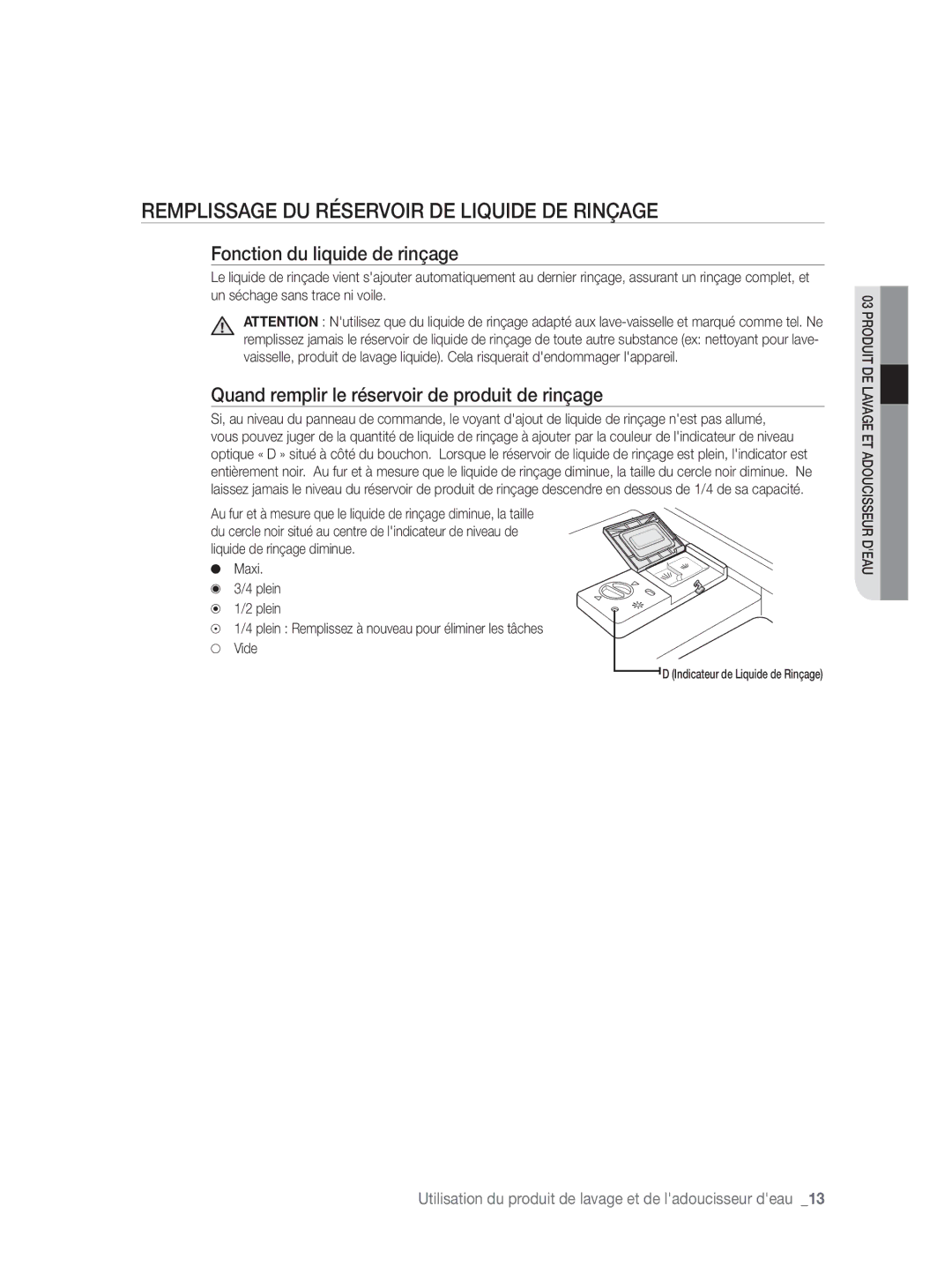 Samsung DW-FN320W/EUR, DW-FN320T/EUR manual Remplissage DU Réservoir DE Liquide DE Rinçage, Fonction du liquide de rinçage 